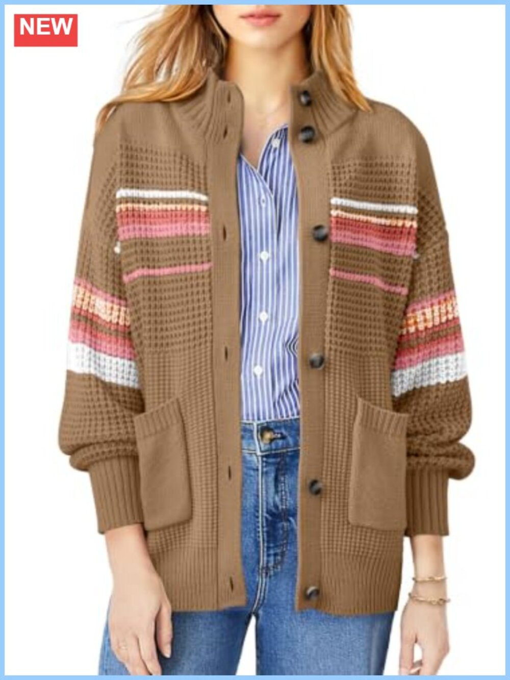 Dokotoo Womens Cardigan Sweater Rainbow Striped Cable Knit Fall